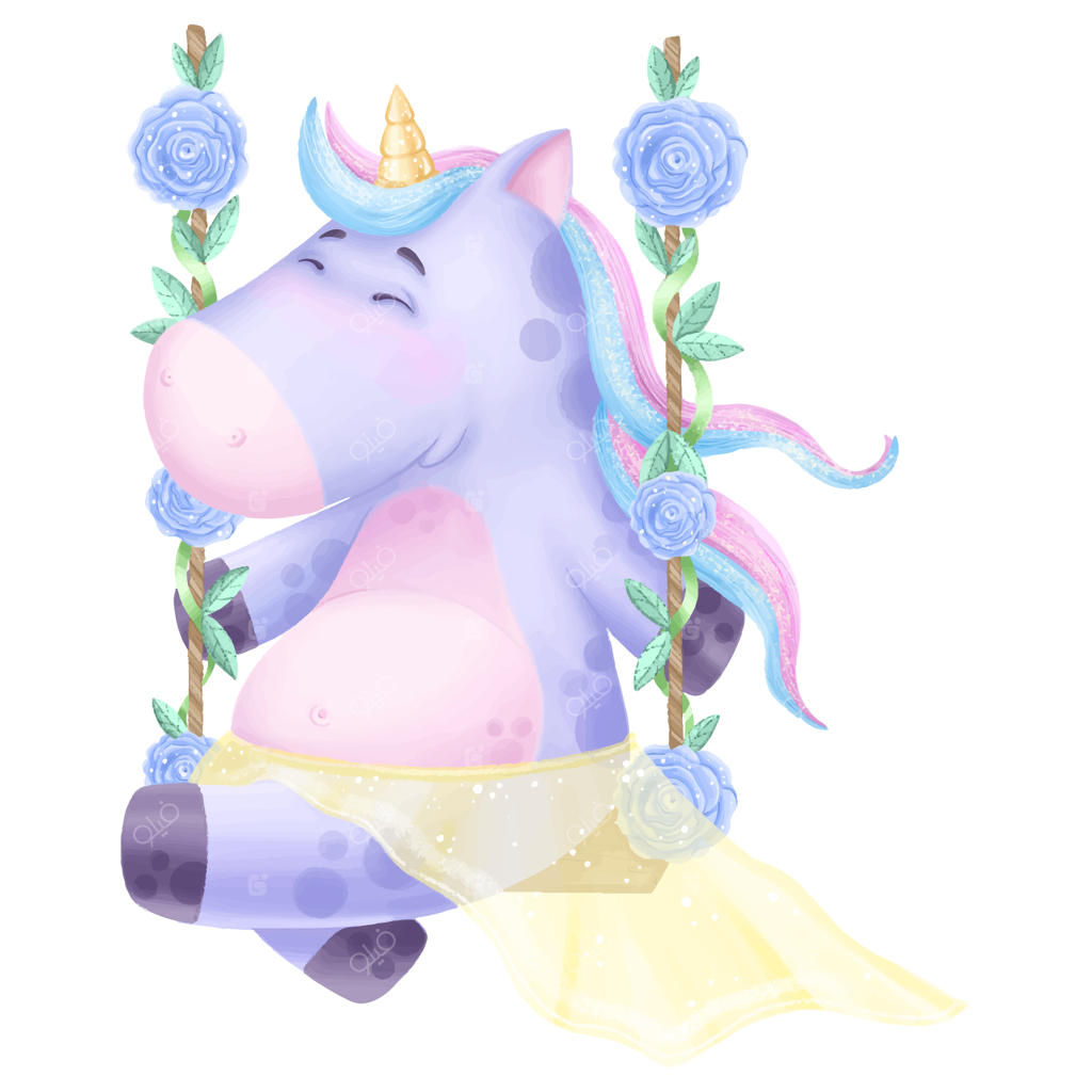 یونیکورن بامزه و دوست‌داشتنی روی تاب تاب می‌خورد.