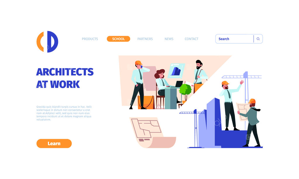 معماران، سازندگان و مهندسان در حال بحث درباره پلان ساخت و ساز برای طراحی خانه - تصویرسازی برداری و مدرن برای قالب صفحه وب کسب‌وکار