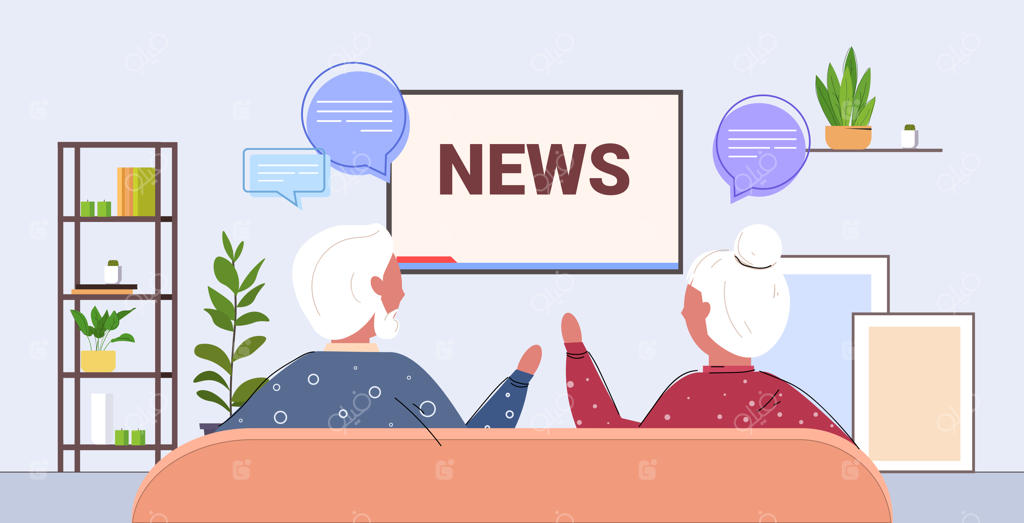 زوج سالخورده در حال تماشای تلویزیون و بحث درباره برنامه خبری روزانه، نشسته روی مبل در اتاق نشیمن - نمای پشت - تصویر افقی