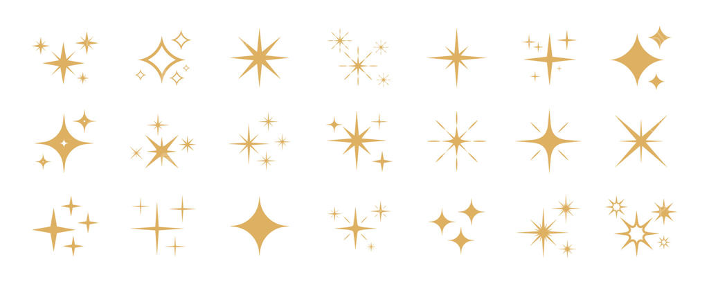 مجموعه آیکون‌های ستاره جرقه‌زن طلایی: ستاره‌های طلایی در سبک‌های متنوع برای عناصر وب و تزیینات براق و درخشان