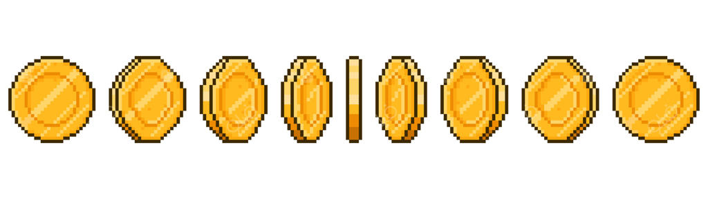 انیمیشن سکه پیکسل‌آرت. چرخش سکه‌های طلایی در رابط کاربری بازی، مراحل مختلف انیمیشن پول بازی با فریم‌های پیکسلی. انیمیشن سکه‌های طلایی ۸ بیت