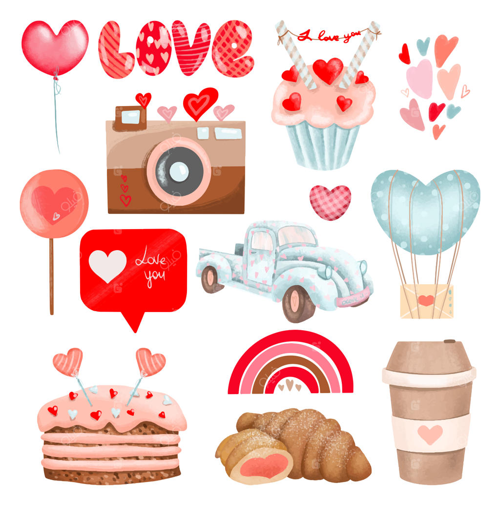 مجموعه‌ای از عناصر طراحی دستی برای روز ولنتاین: دوربین رترو، کامیون رنگین‌کمان، غذاهای رمانتیک، قلب‌ها