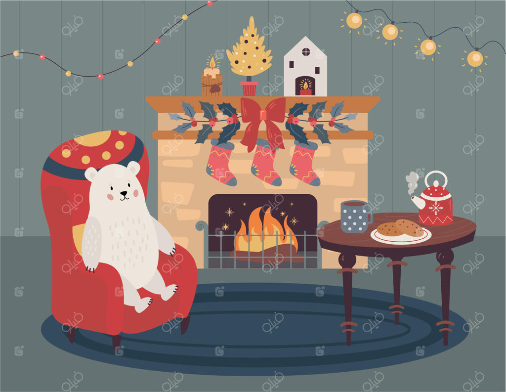 کارت کریسمس: اتاق خرسی دنج با شومینه، صندلی قرمز و میز قهوه‌خوری تزئین شده