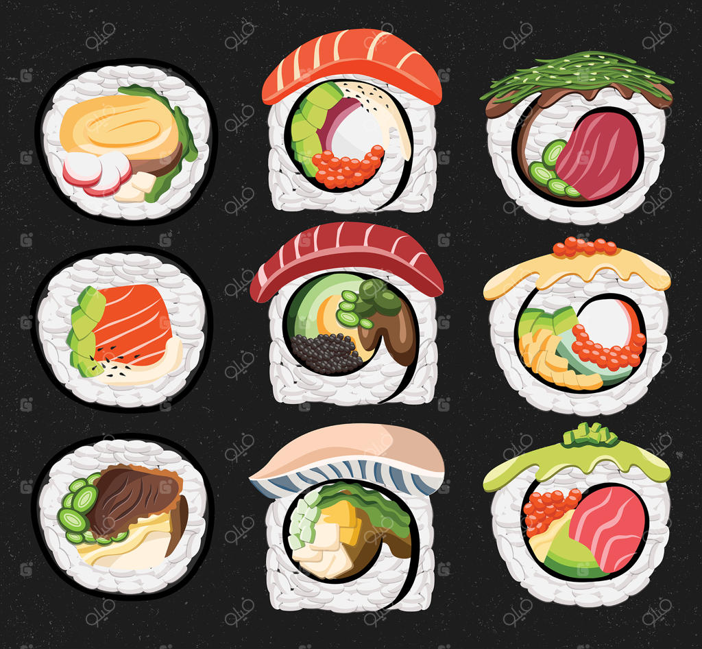 غذاهای ژاپنی: رول سوشی با ماهی سالمون، تن و خیار با سبزیجات و توفو