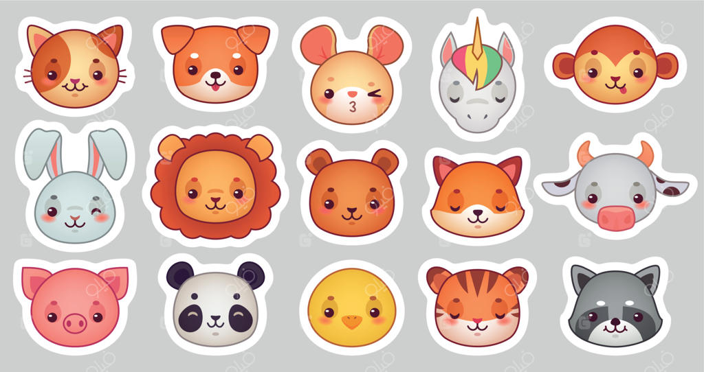 برچسب صورت حیوانات: مجموعه‌ای از چهره‌های بانمک و بامزه حیوانات به سبک کارتونی و ایموجی kawaii