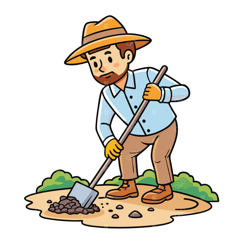 طرح کارتونی مردی در حال کندن باغ با بیل