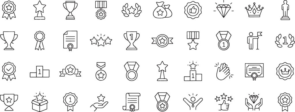 آیکون‌های جوایز و دستاوردها با جام‌ها، مدال‌ها، روبان‌ها، ستاره‌ها و نشان‌ها