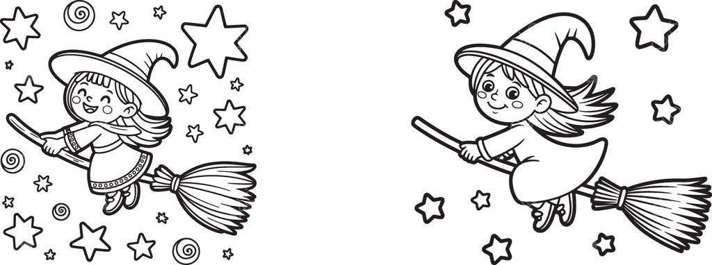 جادوگر بامزه‌ای بر روی جارو با ستاره‌ها، تصویر صفحه رنگ‌آمیزی هالووین.