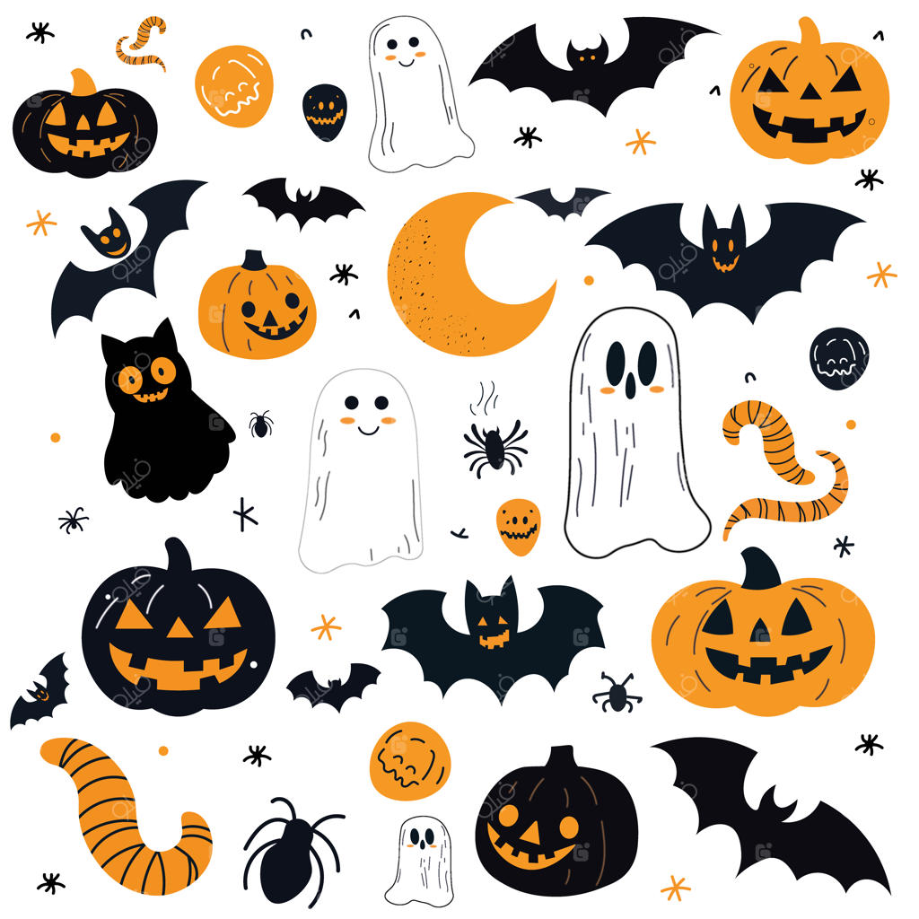 مجموعه‌ای از آیتم‌های هالووینی شامل روح، کرم، خفاش، کدو تنبل، عنکبوت و توپ