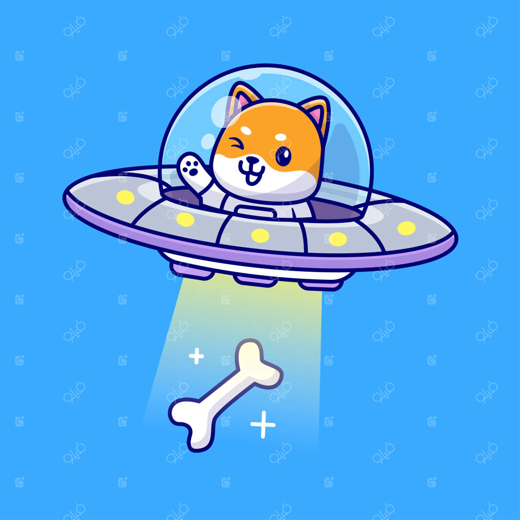 ایلوستراسیون وکتوری شاداب شیبا اینو در حال گرفتن استخوان با یوفو: تلفیق حیوان و تکنولوژی