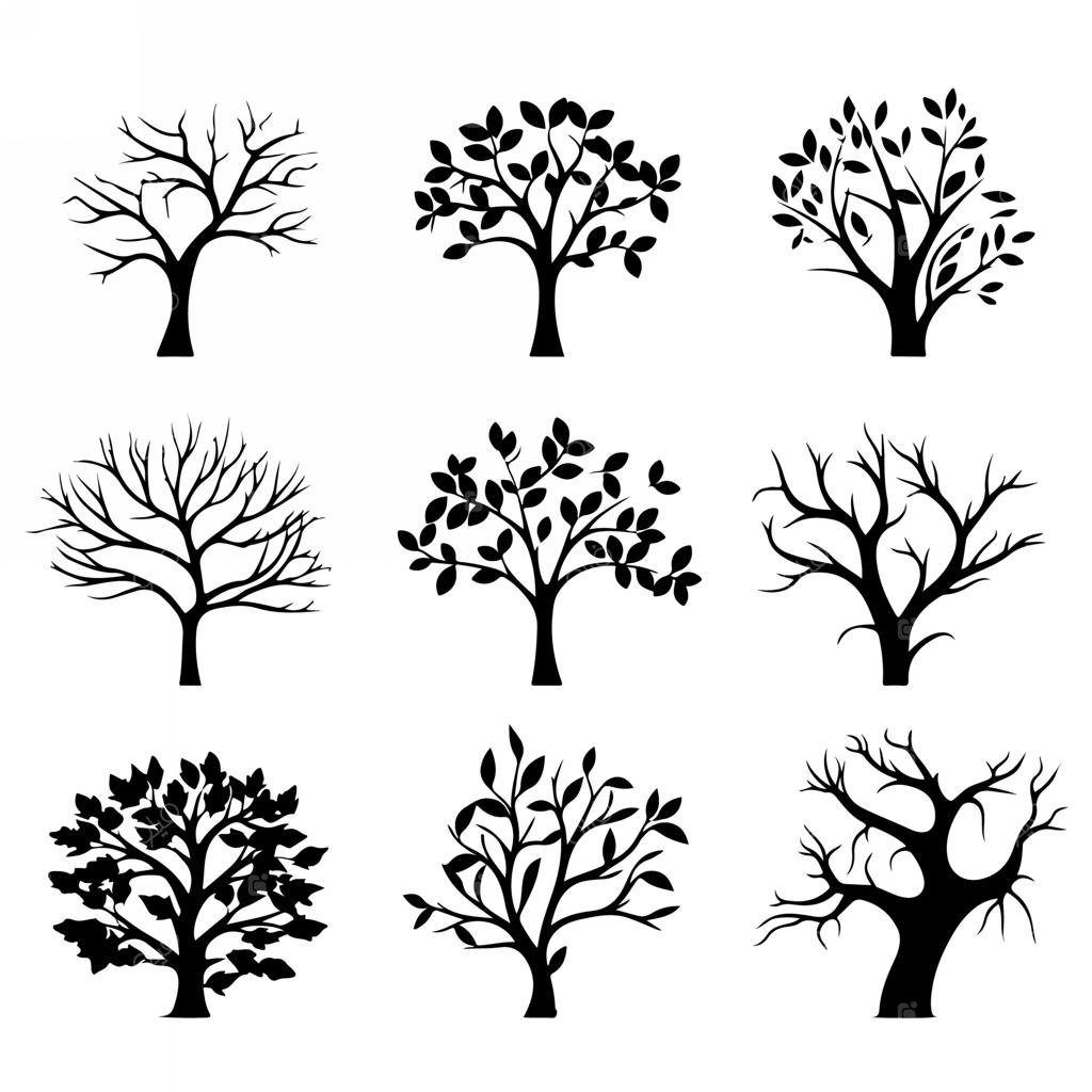 تصویرسازی وکتور سایه‌نمای درختان در پس‌زمینه سفید