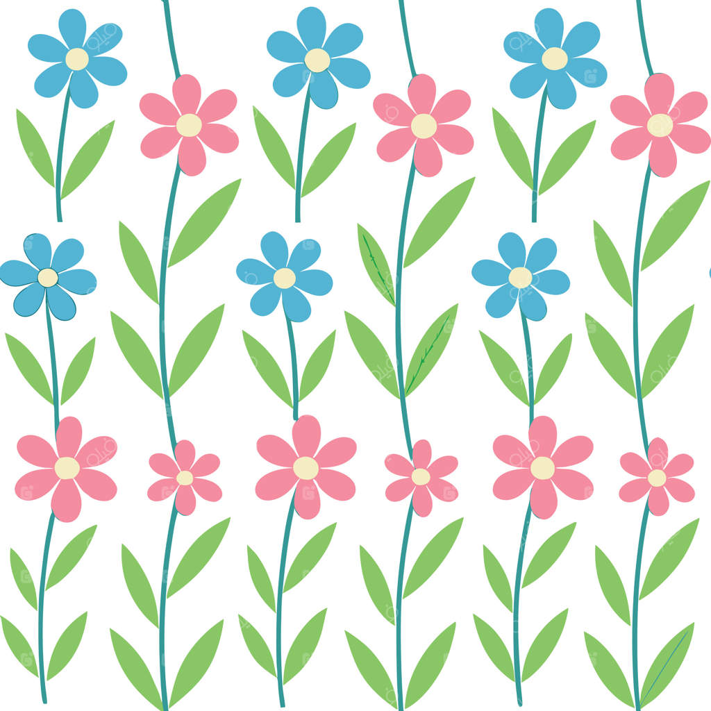 طراحی چاپی باغ با ساقه‌های گل صورتی و آبی ملایم