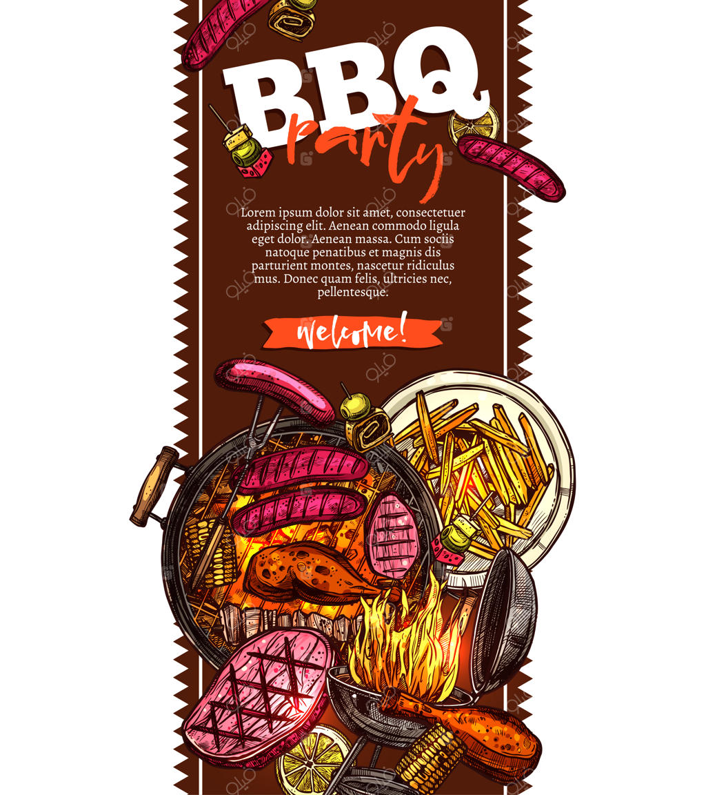 پس‌زمینه باربیکیو و گریل به همراه دعوت‌نامه مهمانی کباب پز