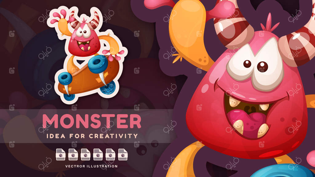 شخصیت کارتونی هیولای ترسناک بامزه برچسب ناز وکتور eps 10
