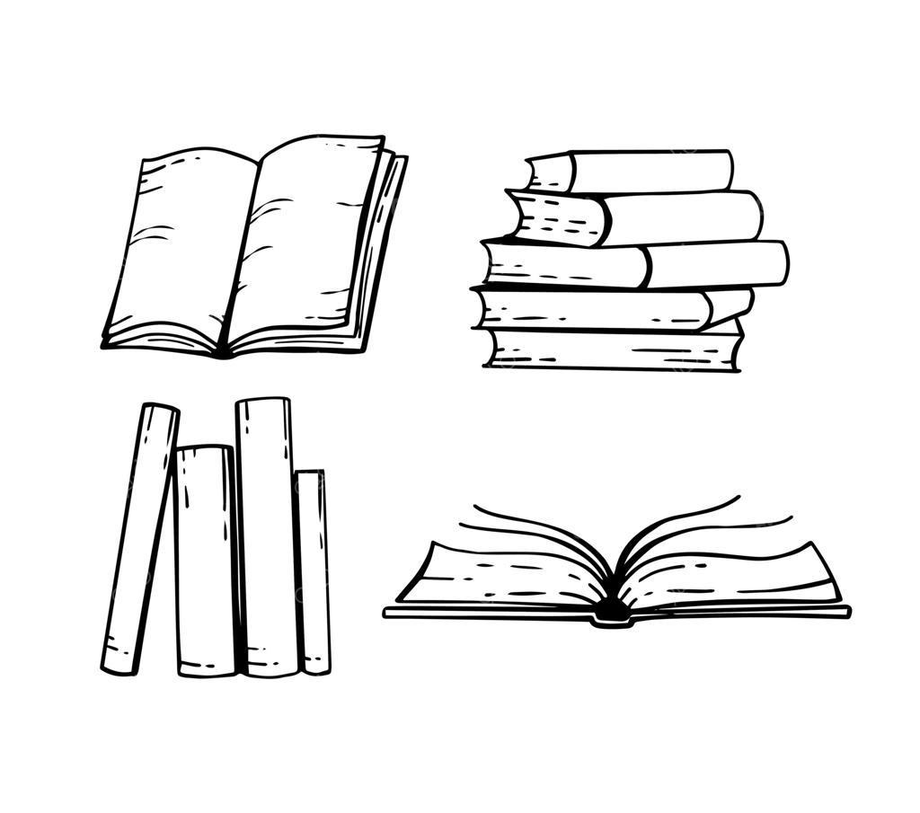 مجموعه کتاب‌های دست‌کشیده سیاه و سفید: کتاب‌های باز، روی هم چیده‌شده و روی قفسه. تصویر وکتور.
