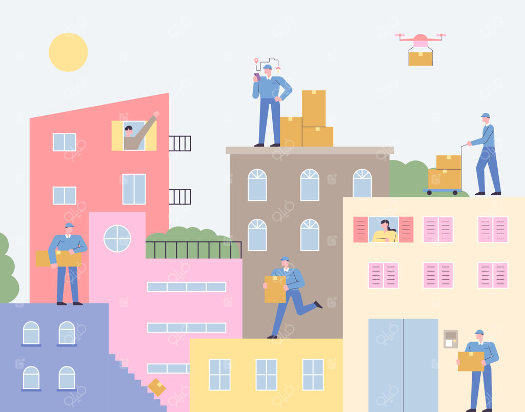 پیک بسته‌ای را بین ساختمان‌های مجتمع حمل می‌کند