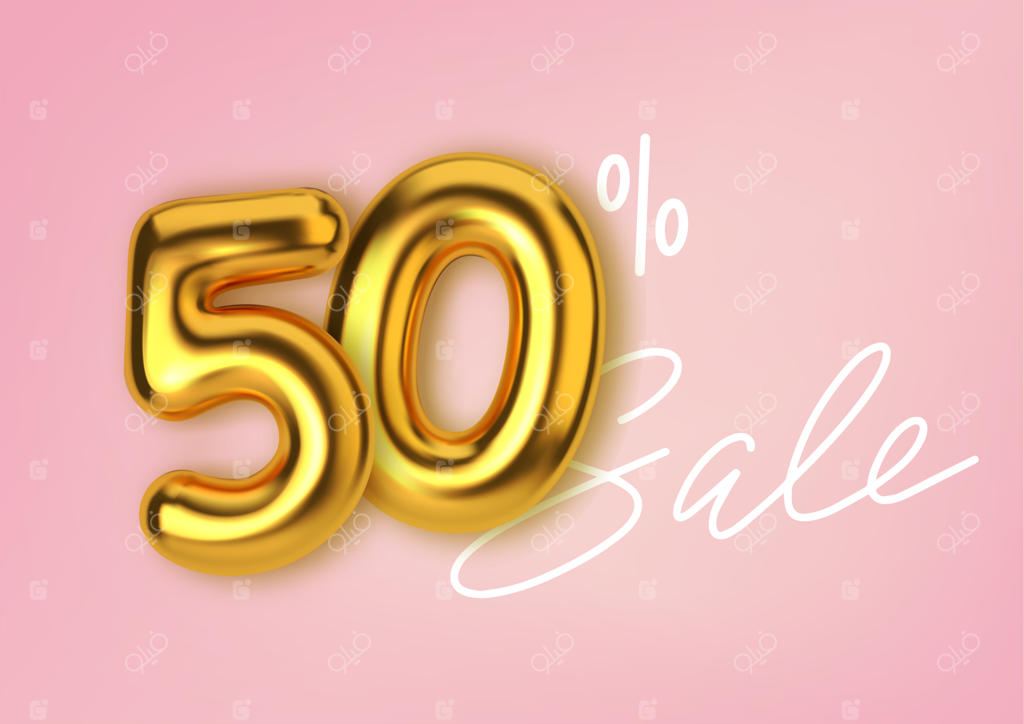 تبلیغ تخفیف ۵۰ درصد با بادکنک‌های طلایی سه‌بعدی واقعی. شماره‌ها به شکل بادکنک‌های طلایی.