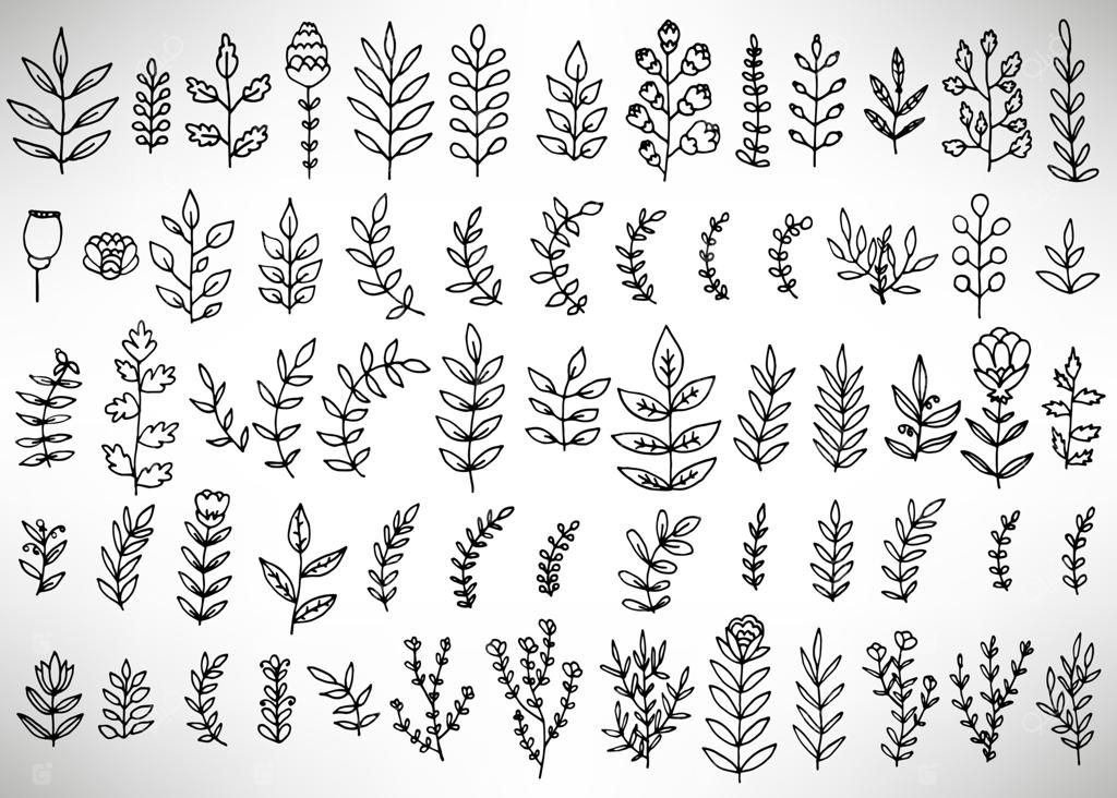 مجموعه بزرگ از آیکون‌های گل دست‌ساز با خطوط نازک، شامل گل‌ها، گل صد تومانی، برگ بو و تاج گل. مجموعه عناصر طراحی روی زمینه سفید.