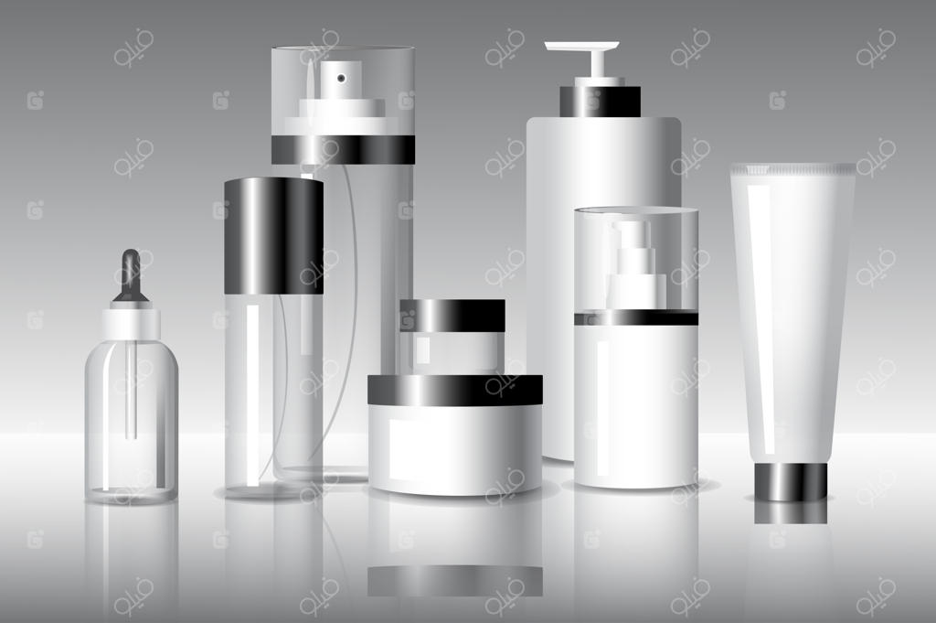 مجموعه موکاپ قوطی و ظروف پمپی لوازم آرایشی با طراحی سه‌بعدی واقع‌گرایانه