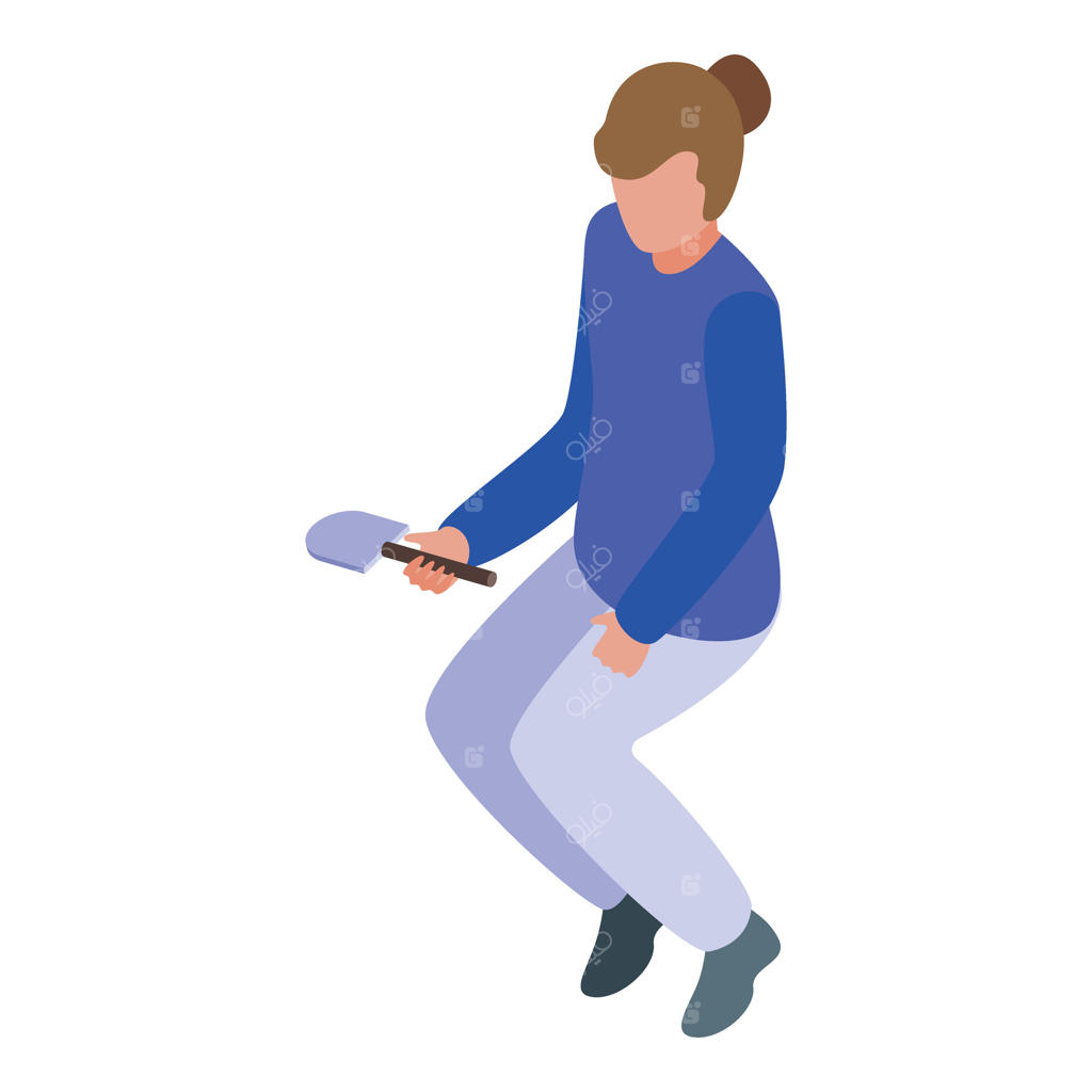 باغبان زن در حال نشستن و در دست گرفتن بیلچه در زمینه سفید