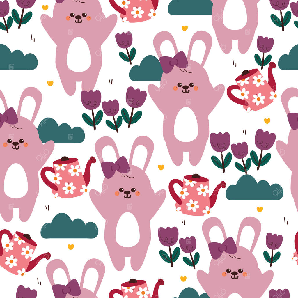 پترن یکپارچه و بامزه از خرگوش کارتونی با گل‌ها و وسایل باغ. طراحی حیوانات دوست‌داشتنی برای کاغذ دیواری و پس‌زمینه.