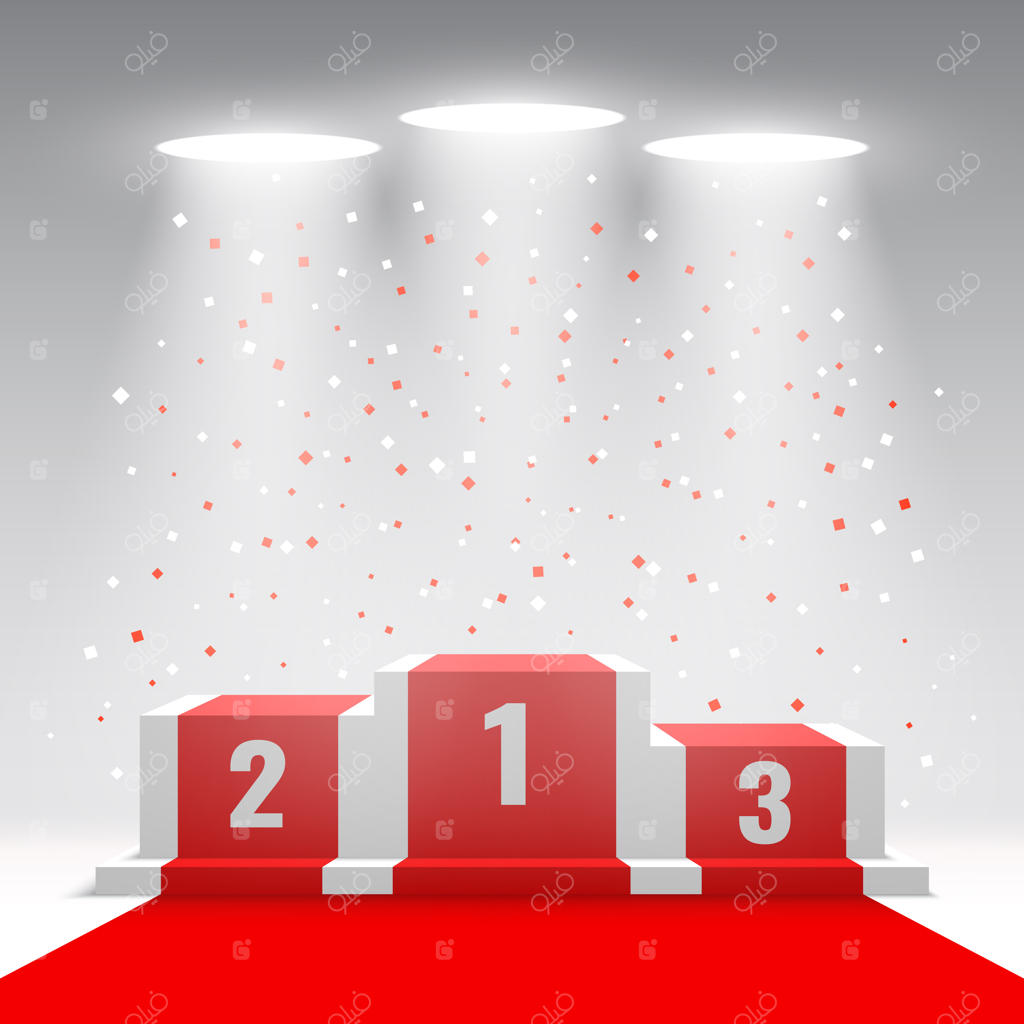 سکوی برندگان سفید با فرش قرمز و کاغذپاش. صحنه‌ای برای مراسم اهدای جوایز با نورافکن‌ها. پایه. تصویرسازی.
