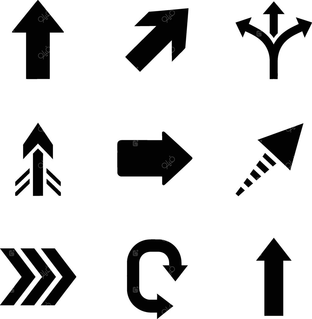 مجموعه‌ای از پیکان‌ها و نمادهای سیاه بر روی پس‌زمینه سفید