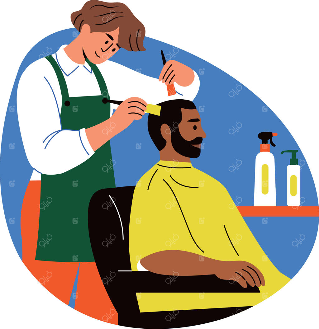 تصویرسازی به سبک تخت از آرایشگری که در حال رنگ کردن موی شخصیت است