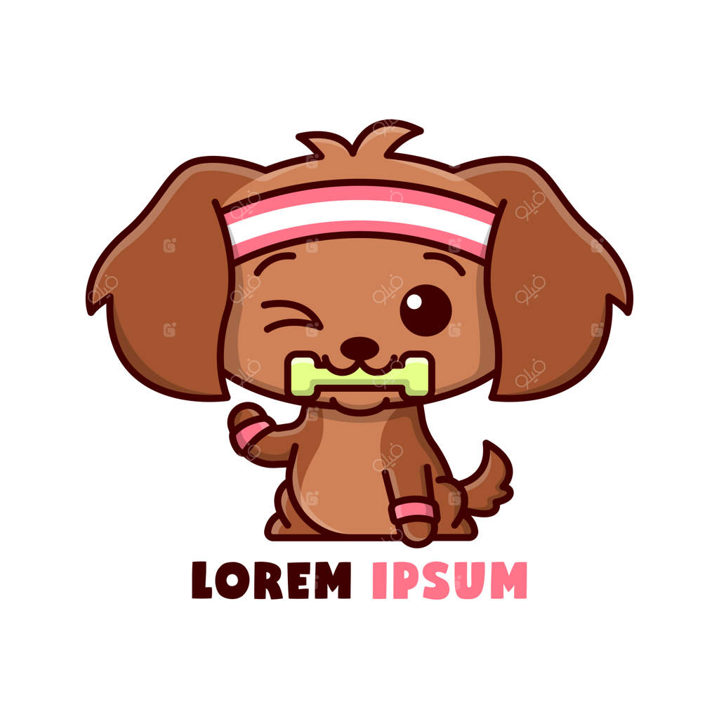 تصویر کارتونی توله‌سگ قهوه‌ای بامزه که حین ورزش دمبل گاز گرفته است