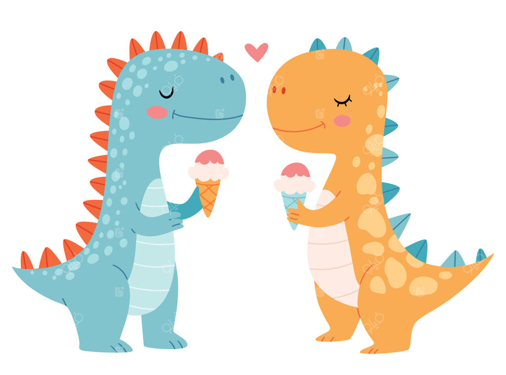 دو دایناسور بامزه در حال خوردن بستنی هستند. موجودات خنده‌دار پیش‌تاریخی، حیوان یا هیولا. تصویر کودکانه جذاب برای چاپ روی تی‌شرت یا مهر.