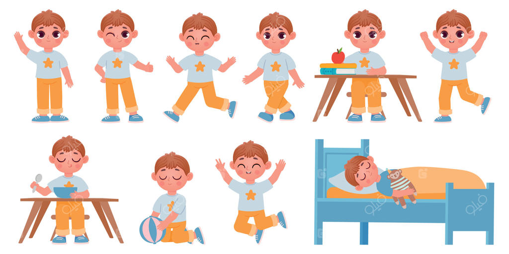ژست‌ها، حرکات و حالات چهره شخصیت پسر بچه کارتونی برای انیمیشن. مجموعه وکتور کودکی شاد که در حال بازی، خوابیدن، دست تکان دادن و دویدن است