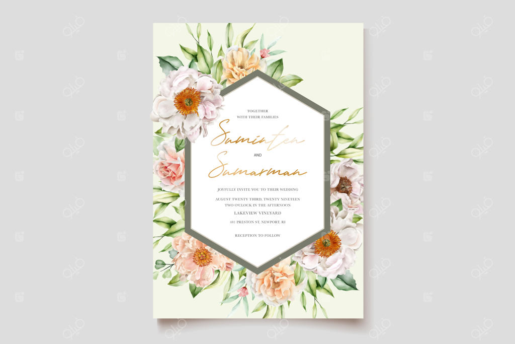 کارت دعوت عروسی با طرح گل‌های صدتومانی و رز آبرنگی