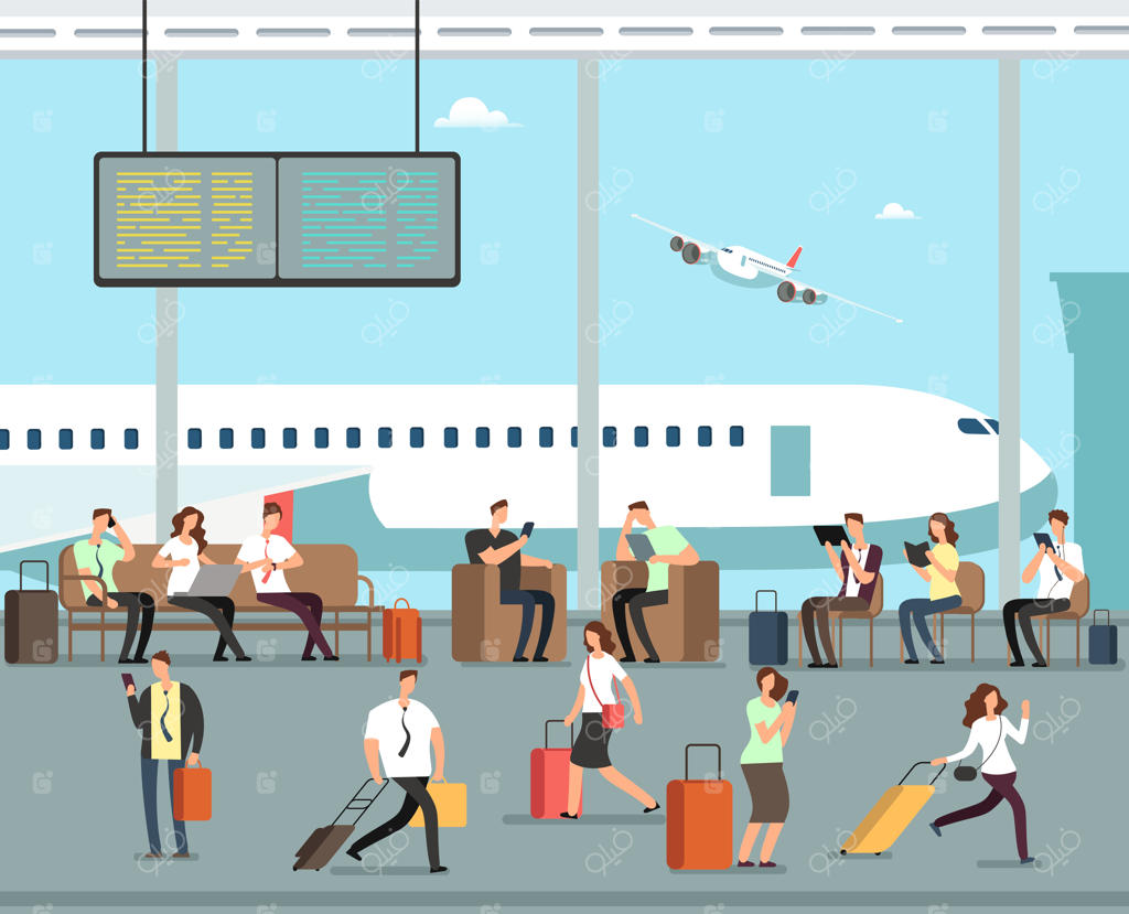 مفهوم مسافرت تجاری: تاجران با چمدان در فرودگاه (وکتور)