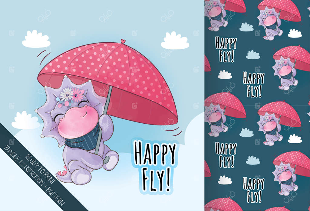 تصویر بامزه دایناسور بچه‌گانه در حال پرواز با چتر قرمز