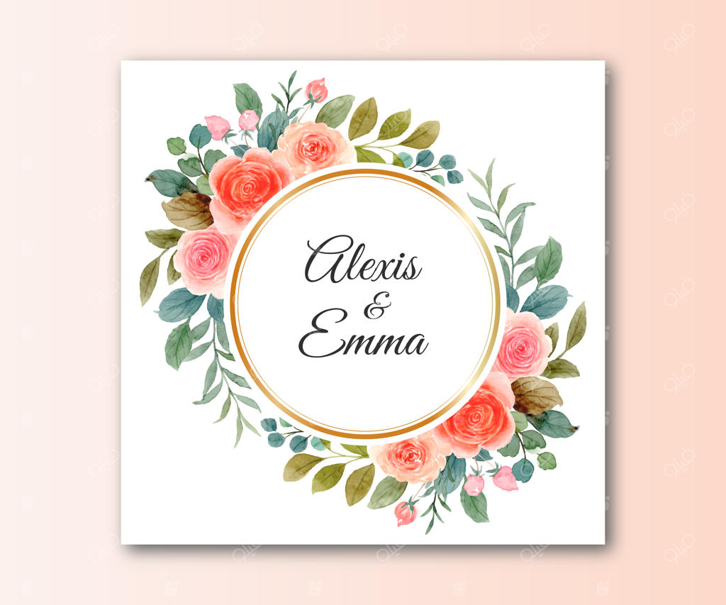 تاریخ را به‌خاطر بسپارید – تاج گل آبرنگی با گل‌های رز صورتی و نارنجی و دایره طلایی