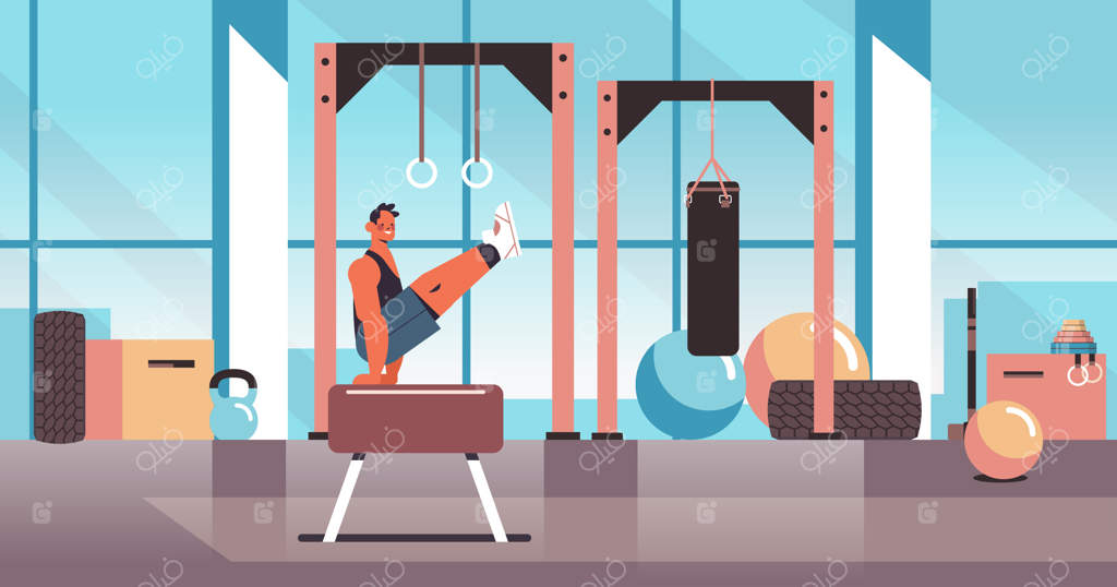 ژیمناست حرفه‌ای در حال تمرین بدنی بر روی خرک حلقه: تمرینات تناسب اندام و سبک زندگی سالم در باشگاه مدرن