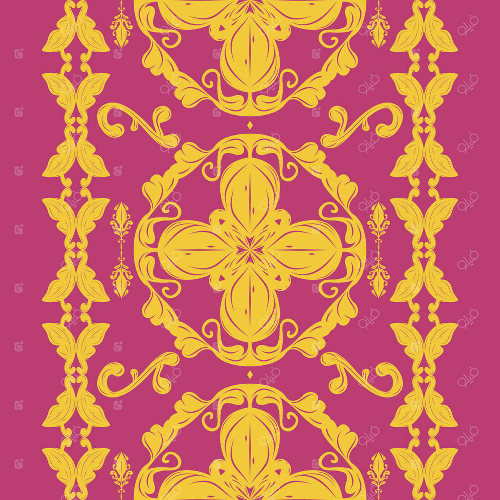 طرح سلطنتی هنری با گل‌ها و برگ‌های طلایی، باغی لوکس و پر جزئیات با پس‌زمینه صورتی. پترن غنی و شکوفا با طرح‌های پیچیده و شرقی، مناسب برای پارچه‌های هنری و لباس‌های ابریشمی.
