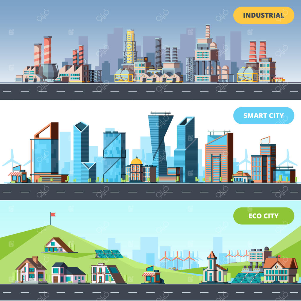 آپارتمان شهری. اکولوژی شهر هوشمند صنعتی: ساختمان‌های متنوع، کارخانه و تصاویر افقی