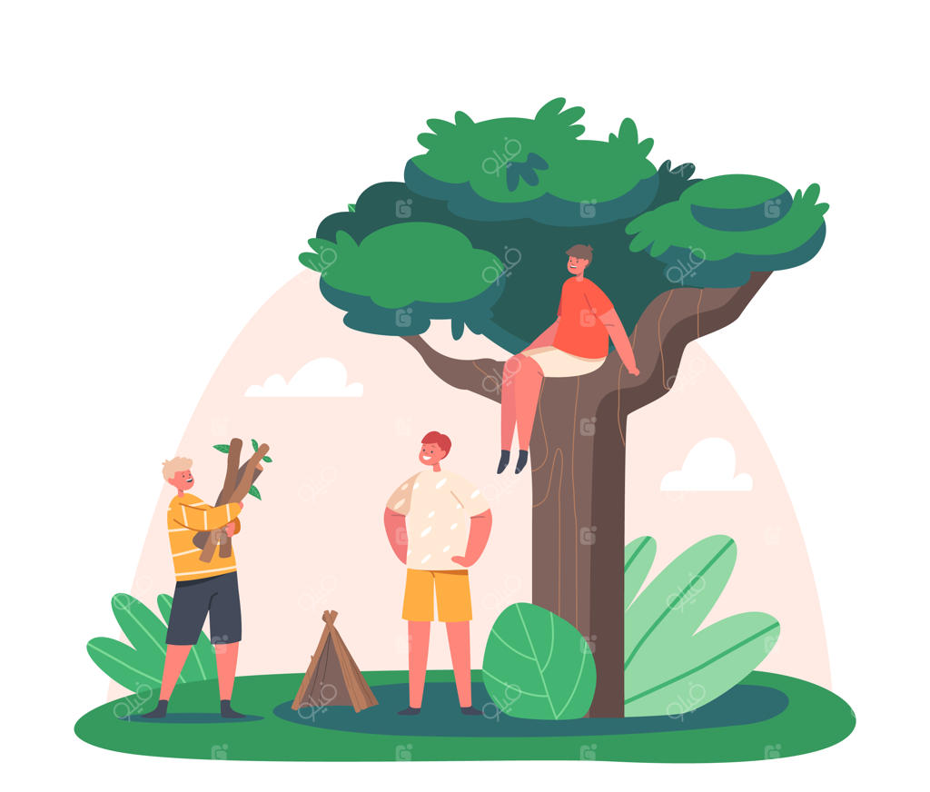 پسر بچه‌ها مشغول ساخت کلبه در جنگل؛ بازی و ماجراجویی در طبیعت