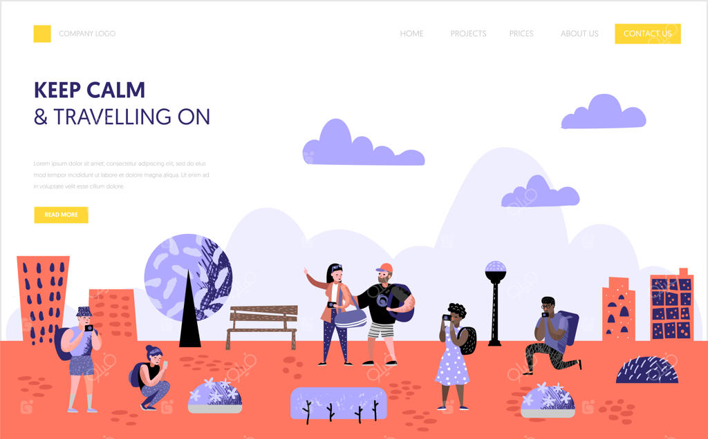 قالب صفحه فرود گردشگری و سفر: شخصیت‌های کارتونی در حال سفر. مرد و زن با دوربین عکاسی برای وبسایت یا صفحه وب. تصویرسازی وکتور