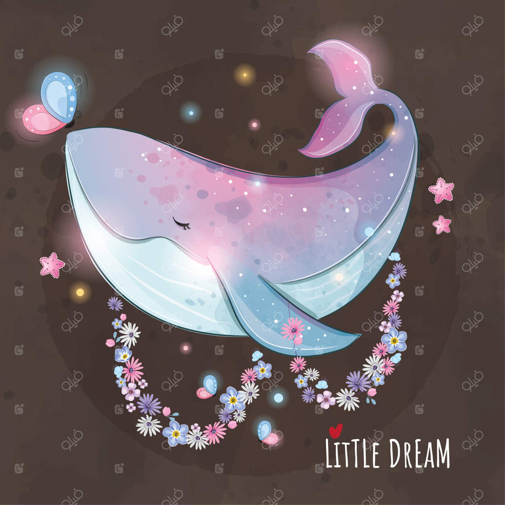 تصویر حیوان بامزه نهنگ با پروانه و گل‌ها - پس‌زمینهٔ زیبا