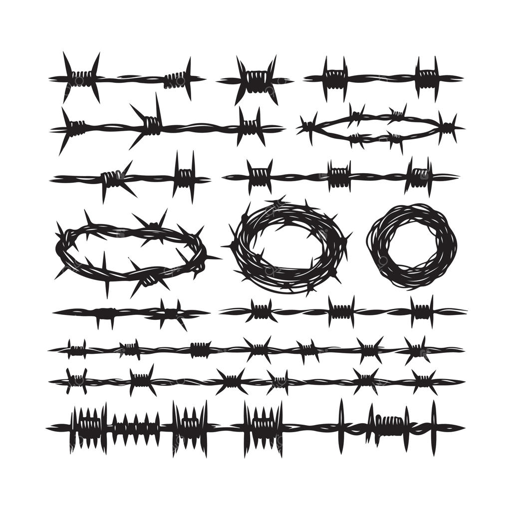 مجموعه سیم خاردار بر پس‌زمینه سفید ایزوله. سیم تیغ‌دار در سبک مینیمال و هندسی مدرن. مجموعه حصار زندان خشن. تصویرسازی قابل استفاده برای طراحی وب.