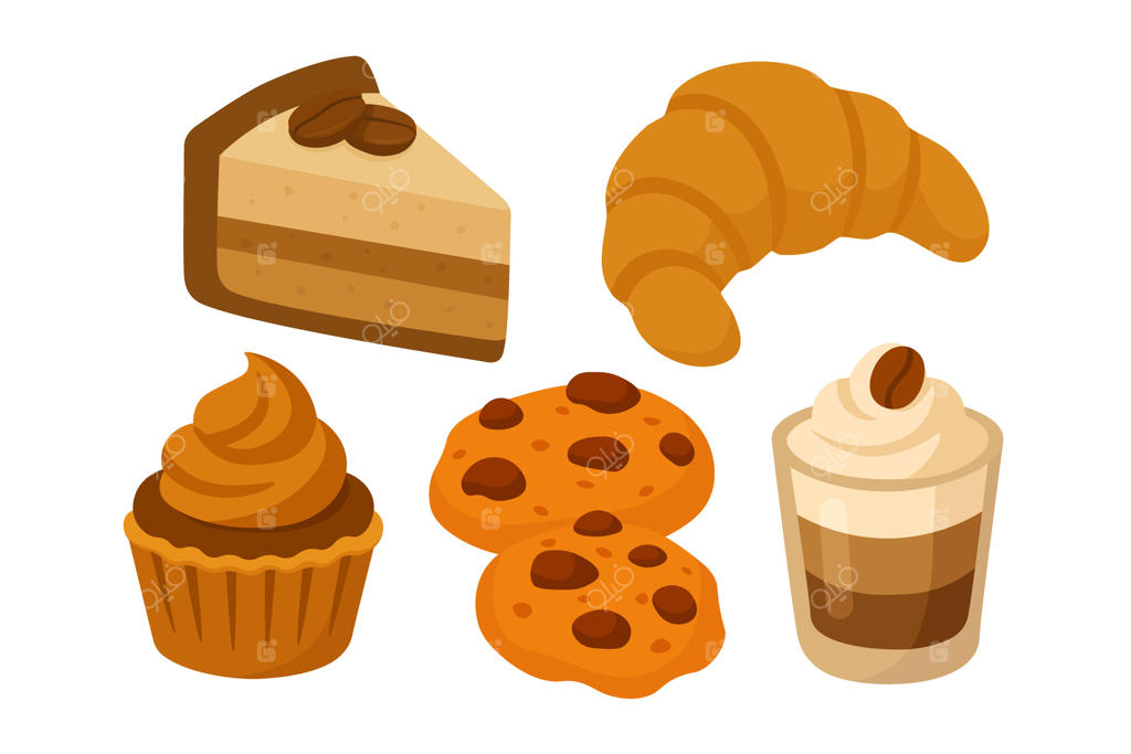 مجموعه‌ای از دسرهای قهوه‌ای: کیک، کوکی، کاپ‌کیک، کروسان و دسر لایه‌ای.
