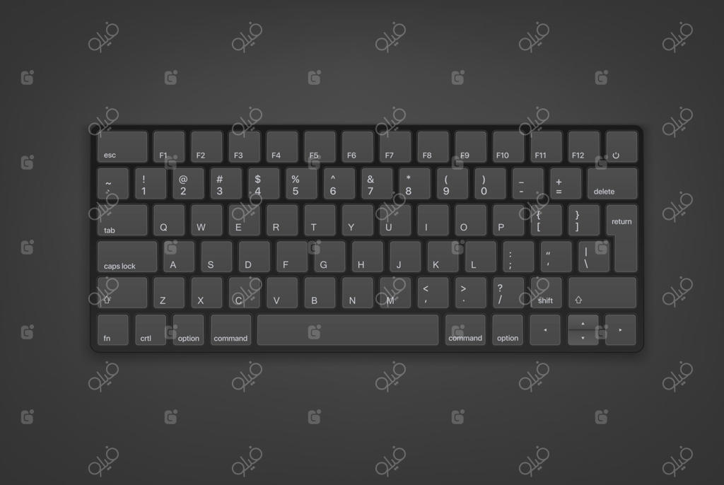 کیبورد مشکی با حروف انگلیسی، جداشده در پس‌زمینه سفید