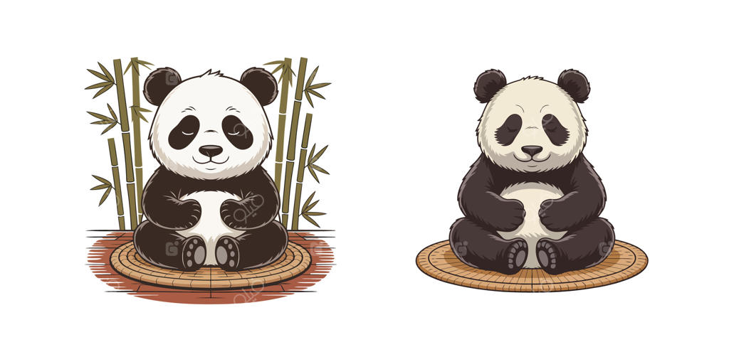 پاندای کارتونی بامزه در حال مدیتیشن روی حصیر با حس آرامش و انرژی ذن، مناسب برای تصویرسازی کودک و تم حیوانات