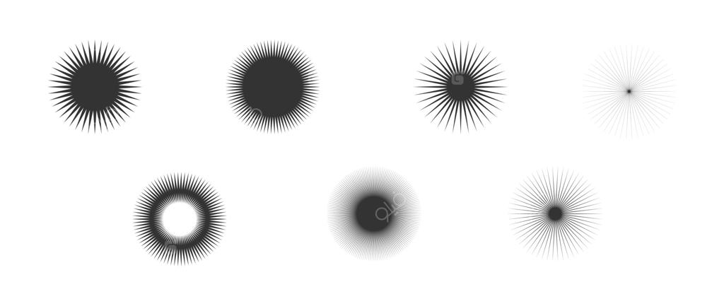 مجموعه‌ای از وکتورهای تابش خورشید. خطوط انتزاعی و قدیمی در طراحی‌های ستاره، نور و پرتوهای خورشید به سبک وینتیج. طراحی گرافیکی تابش خورشید بر روی پس‌زمینه سفید.