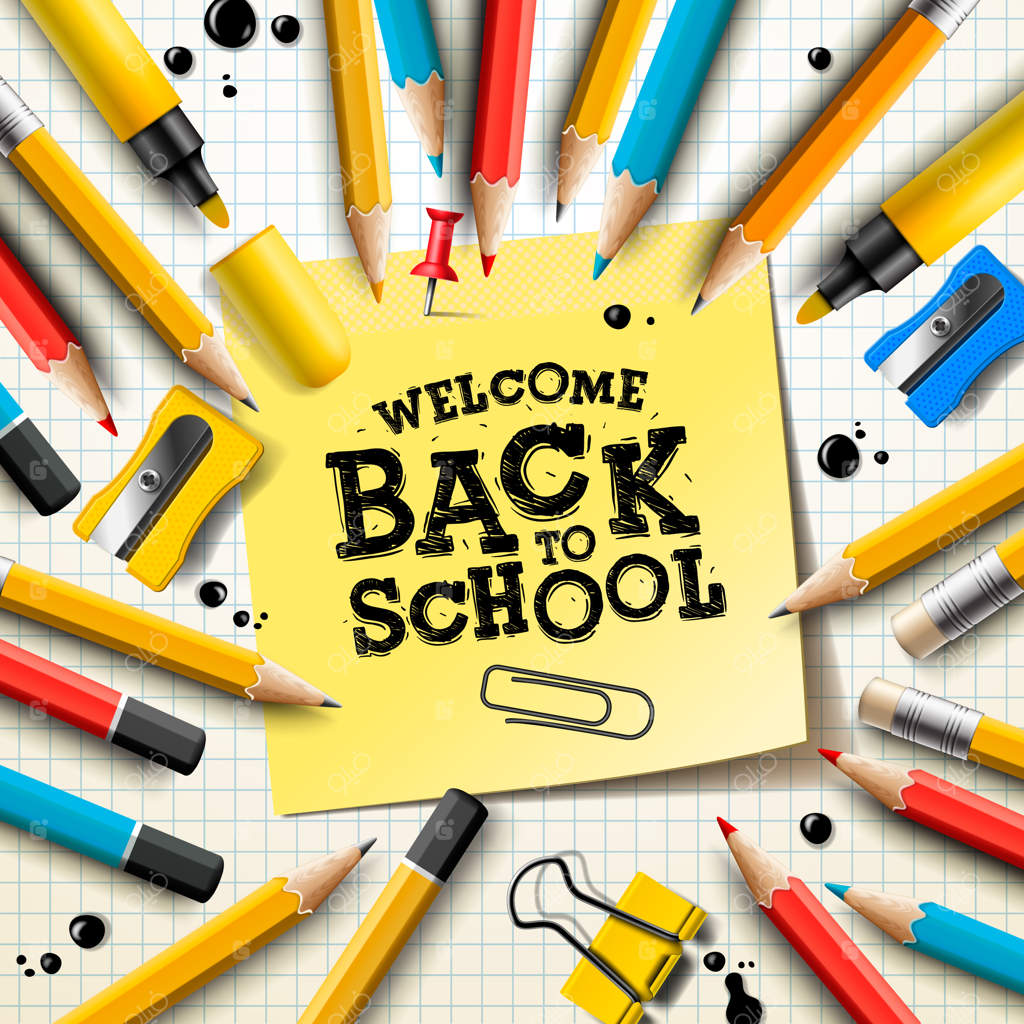طراحی بازگشت به مدرسه با مدادها و کاغذهای چسبان. تصویرسازی با پست‌ایت، پین قرمز، لوازم تحریر و نوشتار دستی برای کارت تبریک، بنر، بروشور و دعوتنامه.