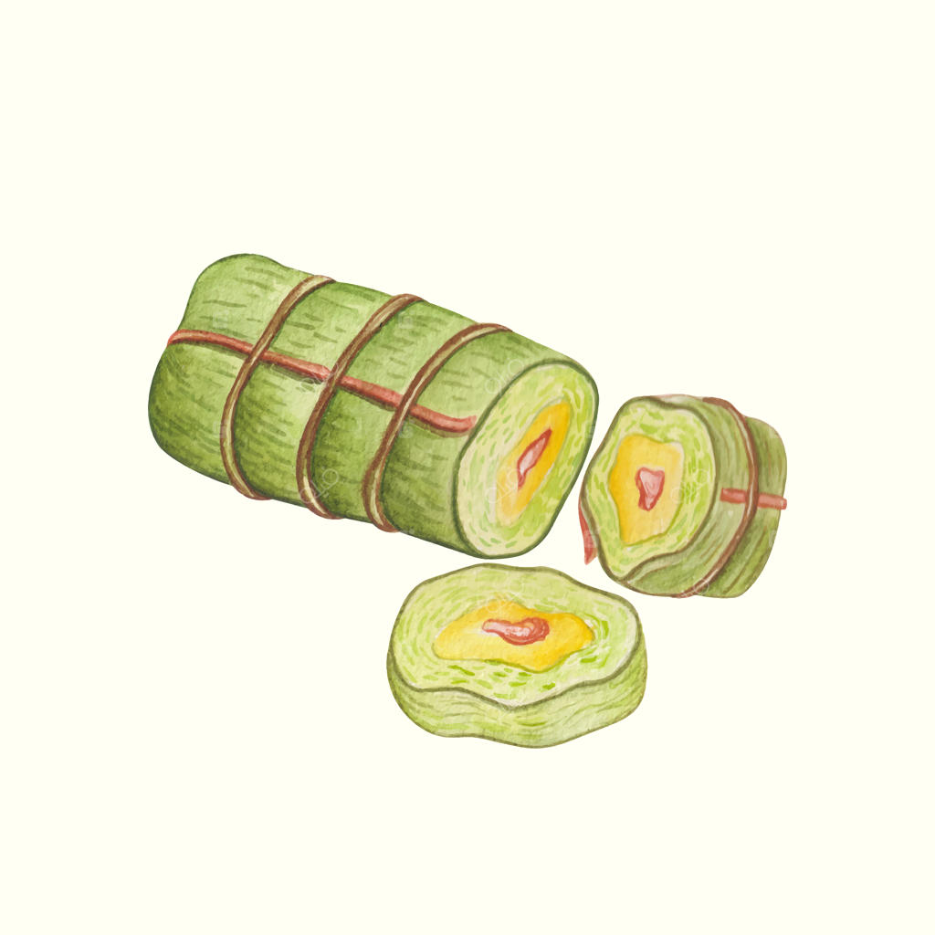 نقاشی دست‌ساز آبرنگی از غذای ویتنامی رول و فو