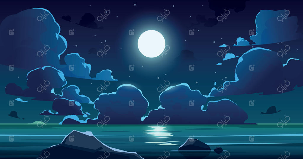 آسمان شب دریایی کارتونی: آسمان نیمه‌شب با ماه، نور ماه آبی و ستارگان، منظره جادویی غروب ساحل اقیانوس و ابرهای کومولوس. منظره وکتور