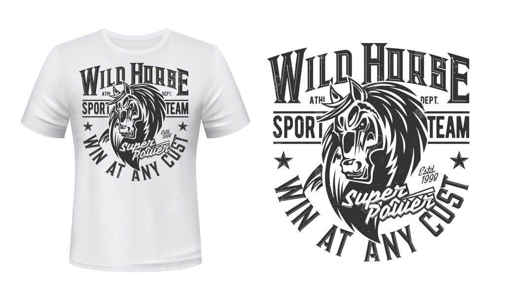 چاپ تی‌شرت ماسکوت اسب موستانگ، اسب نر، ورزش سوارکاری، باشگاه مسابقه. تی‌شرت تیم ورزشی برونکو با طراحی سیاه و سفید گرافیک خشن و تصویر سر اسب بر روی لباس سفید.